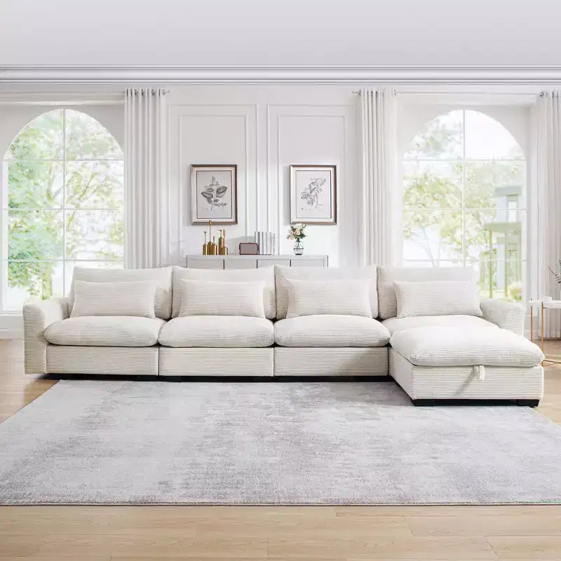 Canapé d'angle Nelly Large en Velours côtelé 157.5 avec Pouf de Rangement et 4 Coussins Lombaires