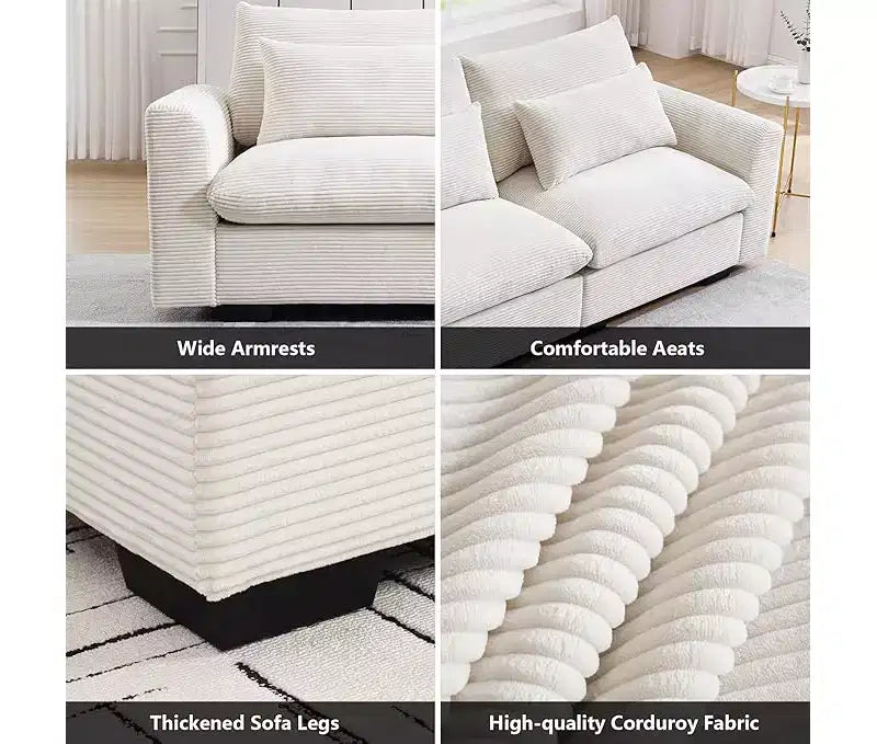 Canapé d'angle Nelly Large en Velours côtelé 157.5 avec Pouf de Rangement et 4 Coussins Lombaires