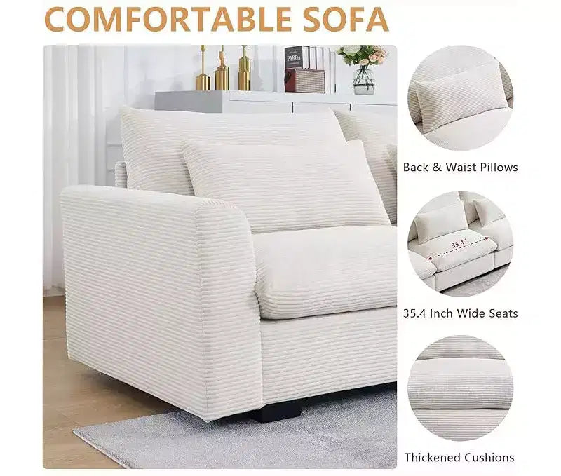 Canapé d'angle Nelly Large en Velours côtelé 157.5 avec Pouf de Rangement et 4 Coussins Lombaires