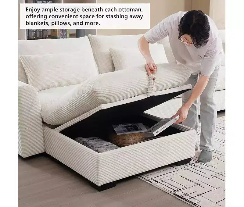 Canapé d'angle Nelly Large en Velours côtelé 157.5 avec Pouf de Rangement et 4 Coussins Lombaires