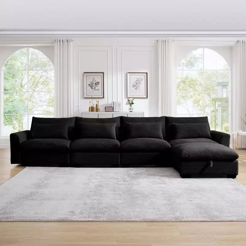 Canapé d'angle Nelly Large en Velours côtelé 157.5 avec Pouf de Rangement et 4 Coussins Lombaires