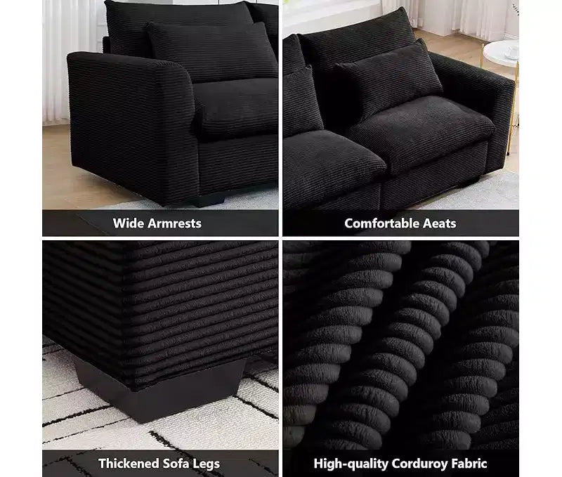 Canapé d'angle Nelly Large en Velours côtelé 157.5 avec Pouf de Rangement et 4 Coussins Lombaires
