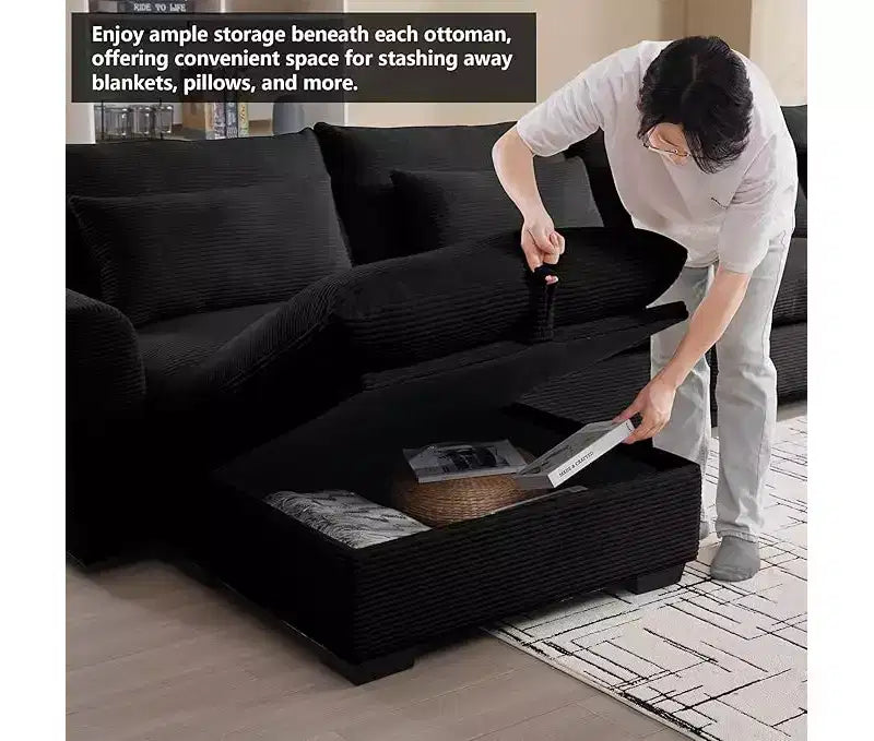 Canapé d'angle Nelly Large en Velours côtelé 157.5 avec Pouf de Rangement et 4 Coussins Lombaires