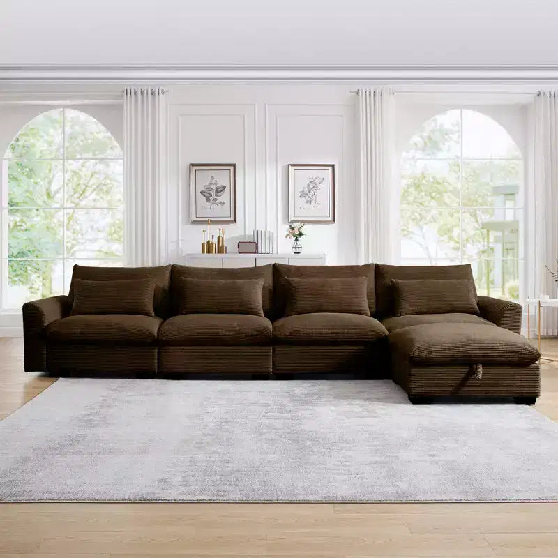 Canapé d'angle Nelly Large en Velours côtelé 157.5 avec Pouf de Rangement et 4 Coussins Lombaires