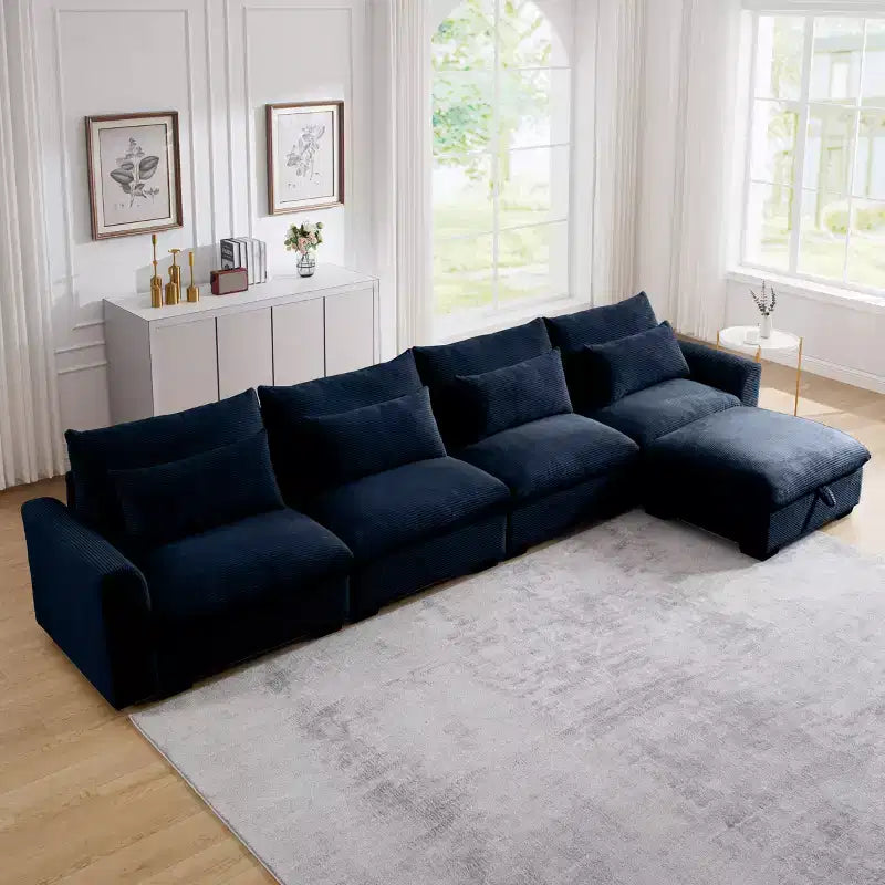 Canapé d'angle Nelly Large en Velours côtelé 157.5 avec Pouf de Rangement et 4 Coussins Lombaires