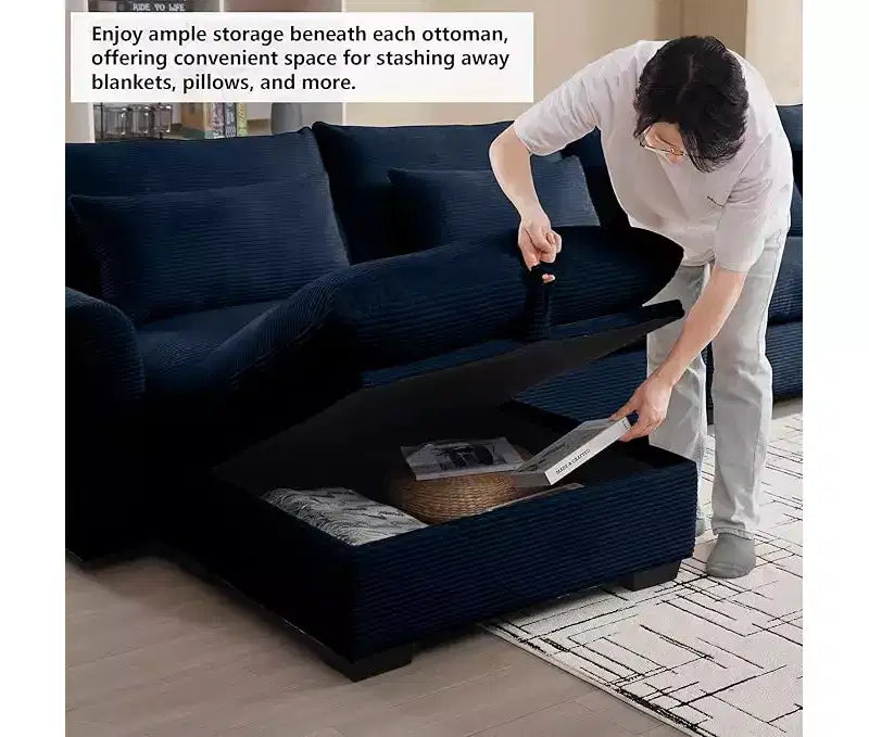 Canapé d'angle Nelly Large en Velours côtelé 157.5 avec Pouf de Rangement et 4 Coussins Lombaires
