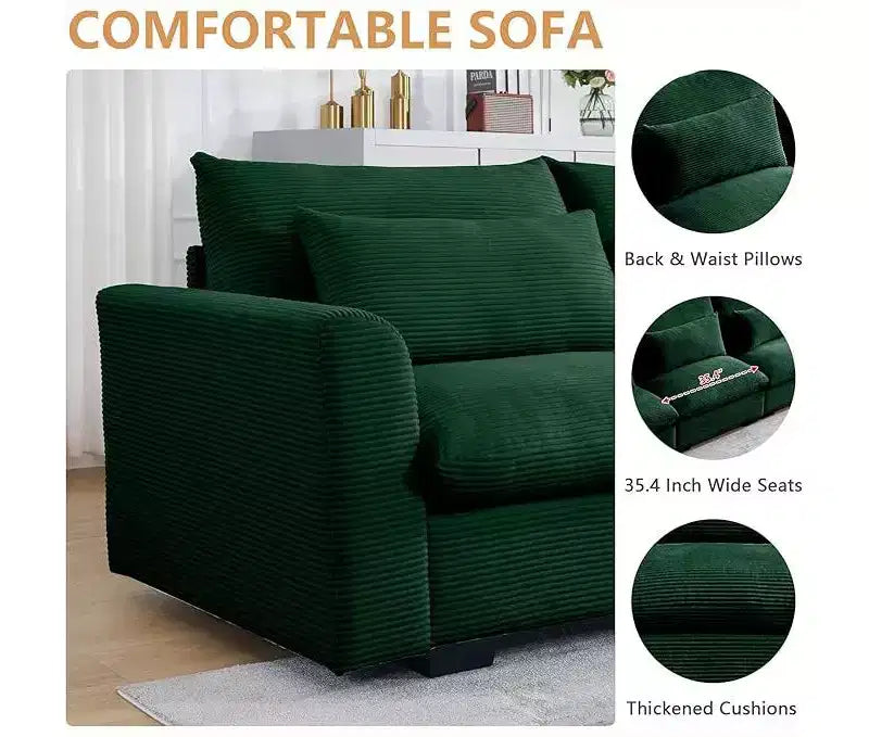 Canapé d'angle Nelly Large en Velours côtelé 157.5 avec Pouf de Rangement et 4 Coussins Lombaires
