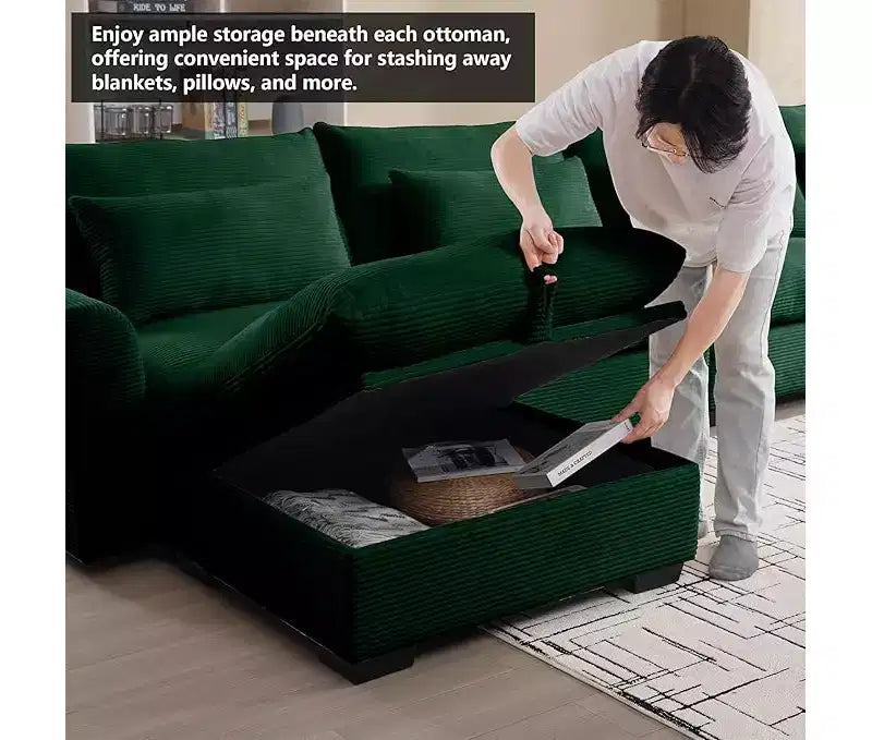 Canapé d'angle Nelly Large en Velours côtelé 157.5 avec Pouf de Rangement et 4 Coussins Lombaires
