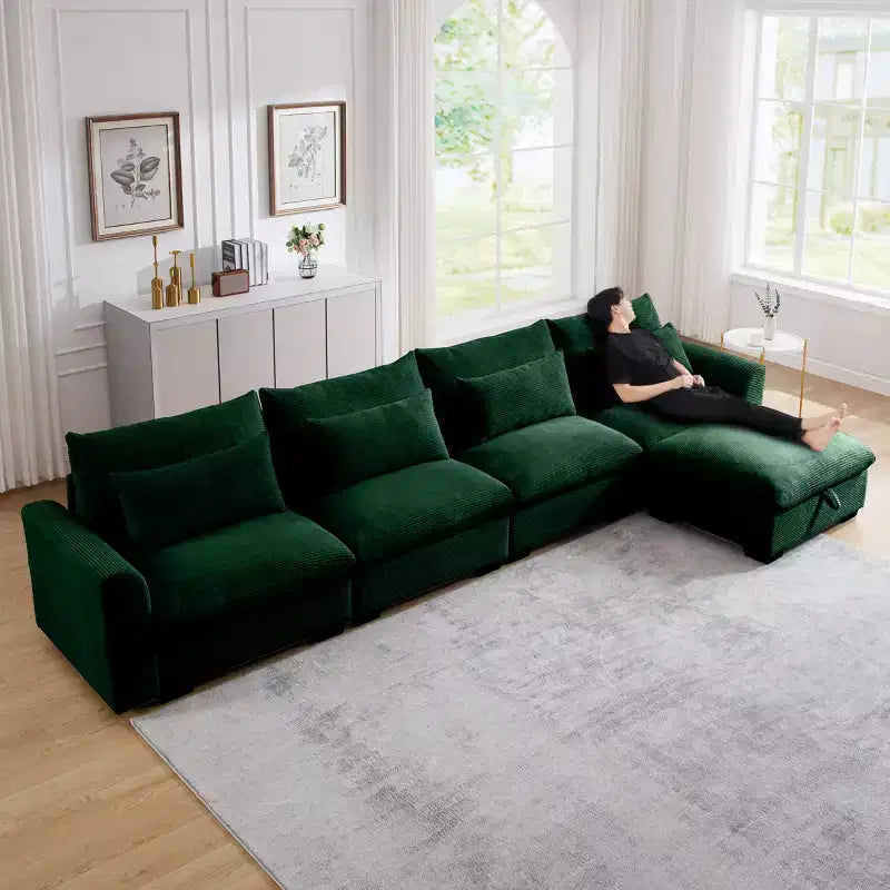 Canapé d'angle Nelly Large en Velours côtelé 157.5 avec Pouf de Rangement et 4 Coussins Lombaires