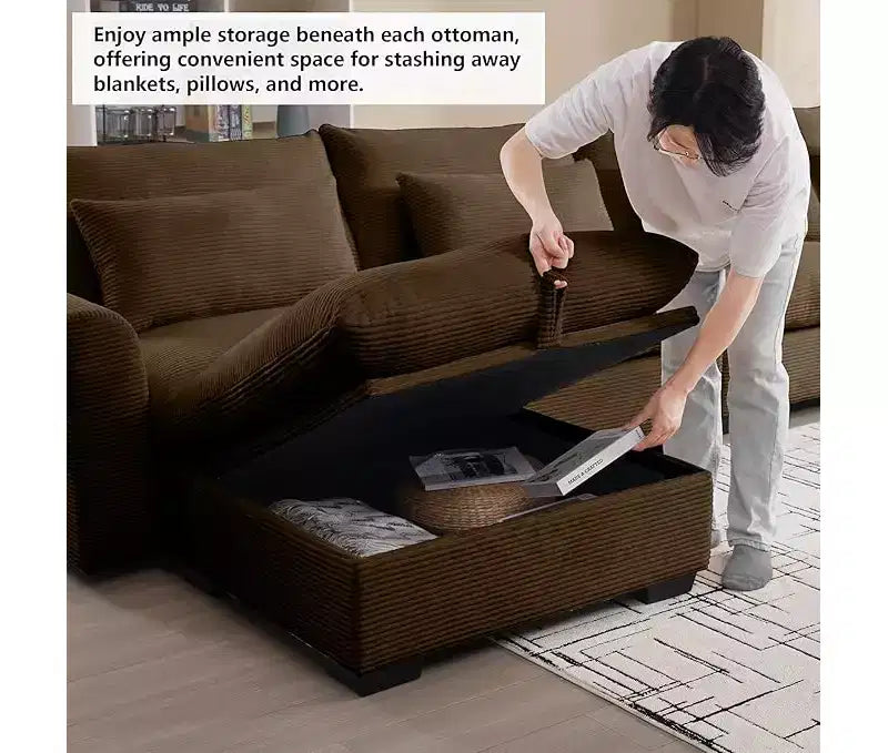 Canapé d'angle Nelly Large en Velours côtelé 157.5 avec Pouf de Rangement et 4 Coussins Lombaires