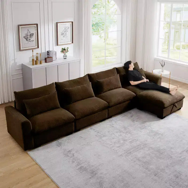 Canapé d'angle Nelly Large en Velours côtelé 157.5 avec Pouf de Rangement et 4 Coussins Lombaires