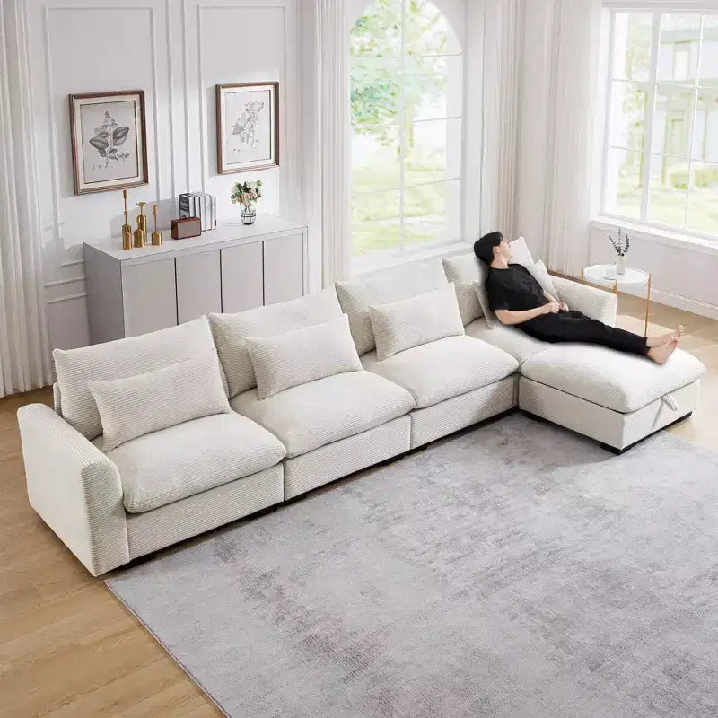 Canapé d'angle Nelly Large en Velours côtelé 157.5 avec Pouf de Rangement et 4 Coussins Lombaires