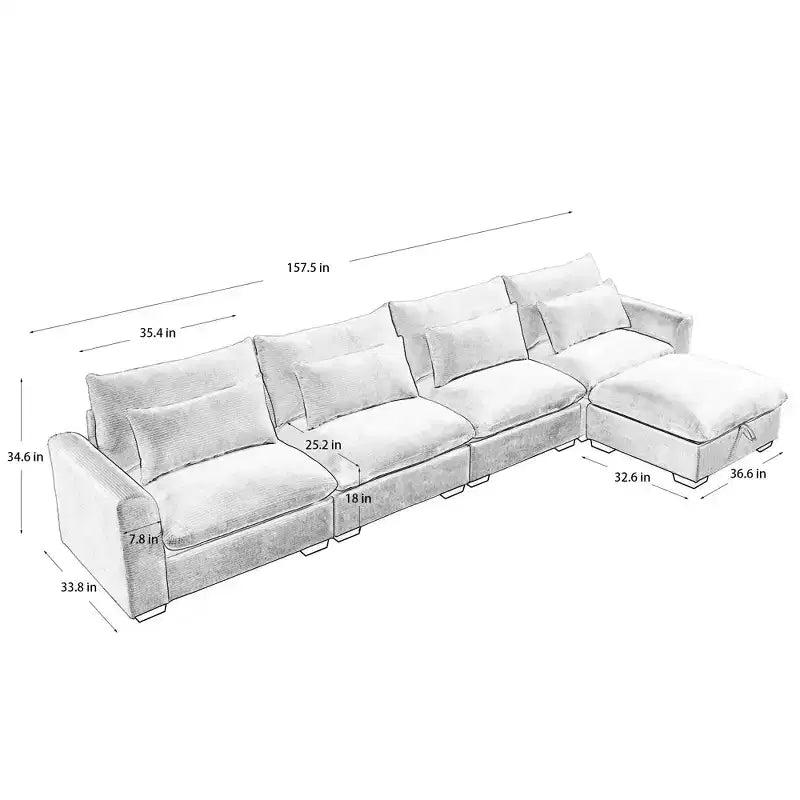 Canapé d'angle Nelly Large en Velours côtelé 157.5 avec Pouf de Rangement et 4 Coussins Lombaires