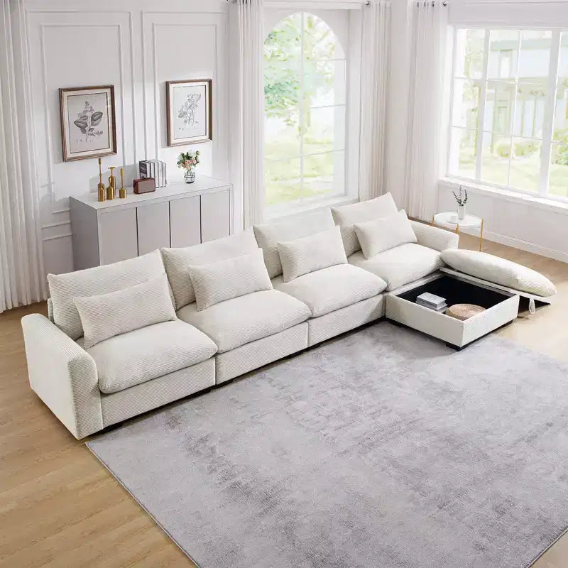 Canapé d'angle Nelly Large en Velours côtelé 157.5 avec Pouf de Rangement et 4 Coussins Lombaires