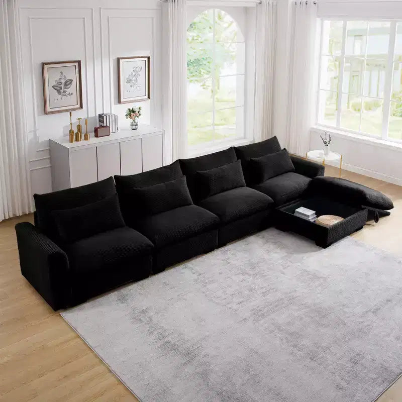 Canapé d'angle Nelly Large en Velours côtelé 157.5 avec Pouf de Rangement et 4 Coussins Lombaires