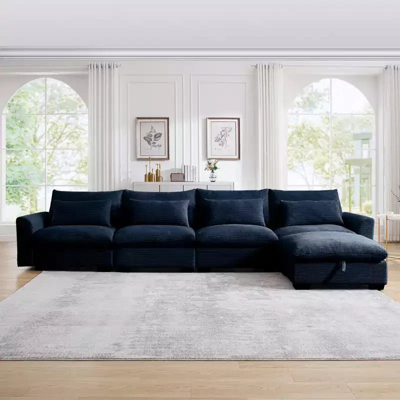 Canapé d'angle Nelly Large en Velours côtelé 157.5 avec Pouf de Rangement et 4 Coussins Lombaires