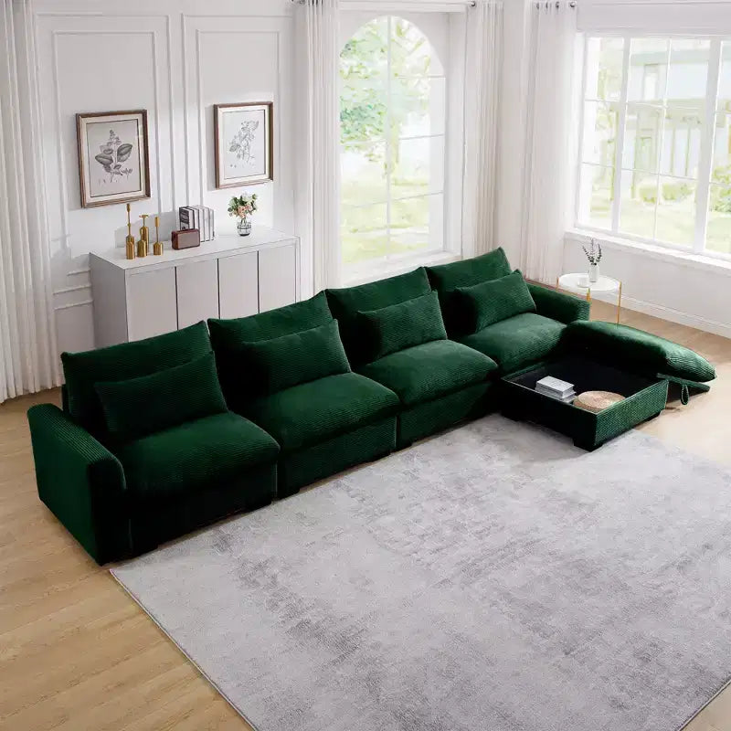 Canapé d'angle Nelly Large en Velours côtelé 157.5 avec Pouf de Rangement et 4 Coussins Lombaires