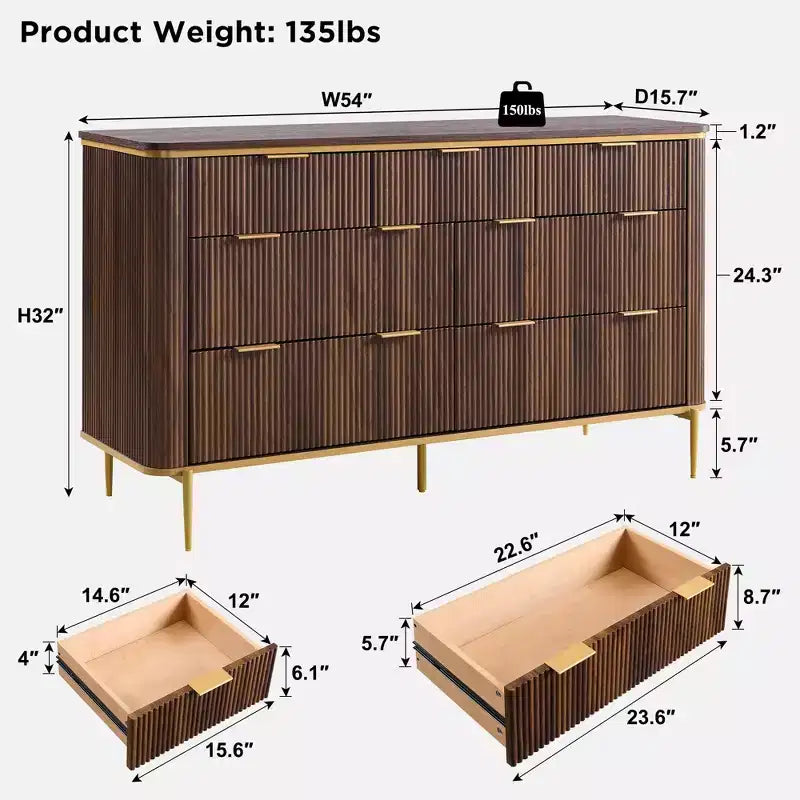Commode moderne à 7 tiroirs cannelés, meuble TV de 54 po de large avec accents dorés, organisateur de rangement en bois pour chambre à coucher, salon