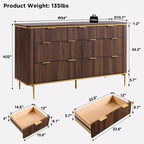 Commode moderne à 7 tiroirs cannelés, meuble TV de 54 po de large avec accents dorés, organisateur de rangement en bois pour chambre à coucher, salon