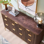 Commode moderne à 7 tiroirs cannelés, meuble TV de 54 po de large avec accents dorés, organisateur de rangement en bois pour chambre à coucher, salon
