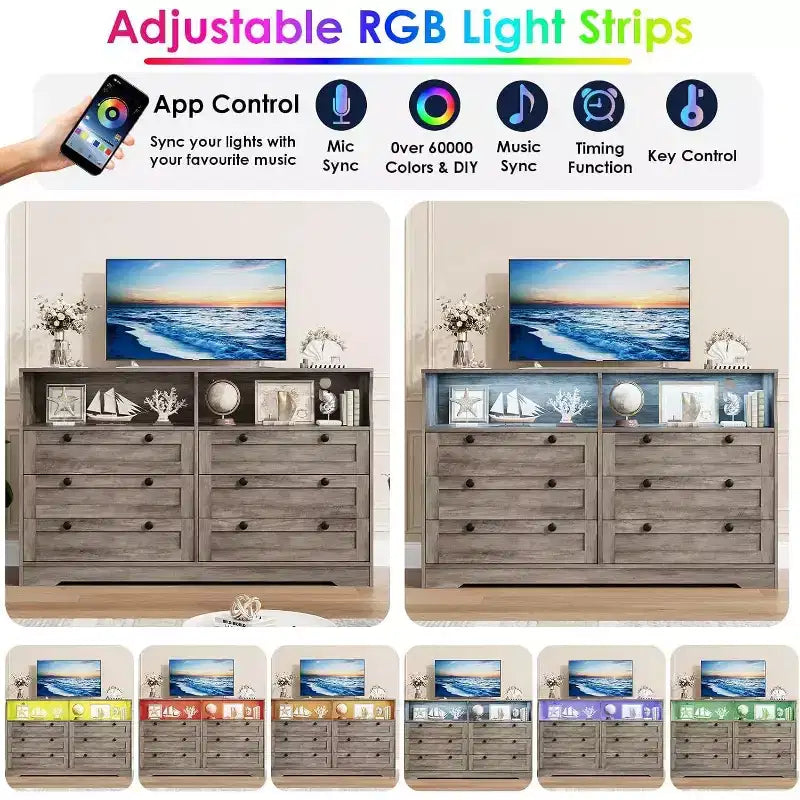 Commode à 6 tiroirs, commode de rangement moderne en bois avec lumières LED pour chambre à coucher, salon, dressing et entrée