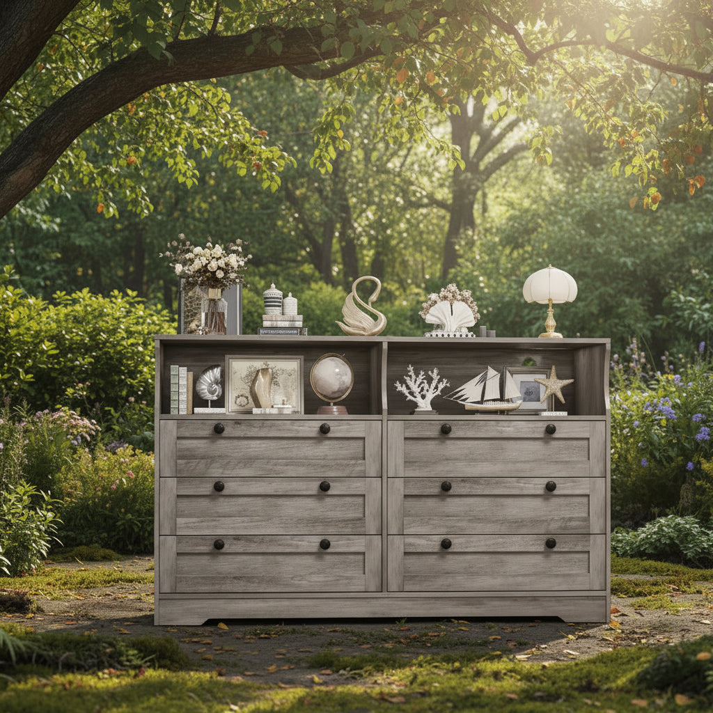 Dresser with 6 Drawers, Modern Wooden Chest of Drawers Storage with LED Lights for Bedroom, Living Room, Closet and Entryway