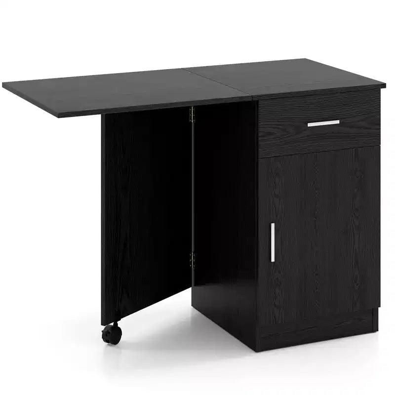 Bureau informatique pliant avec tiroir, placard et étagère réglable à roulettes pour salon, Noir/Blanc