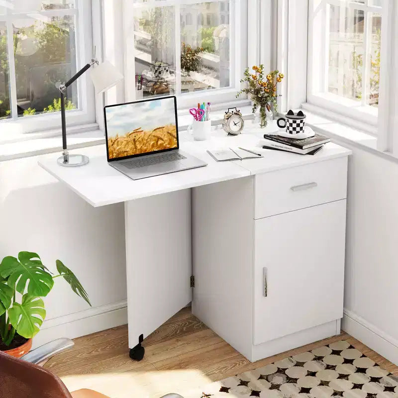 Bureau informatique pliant avec tiroir, placard et étagère réglable à roulettes pour salon, Noir/Blanc