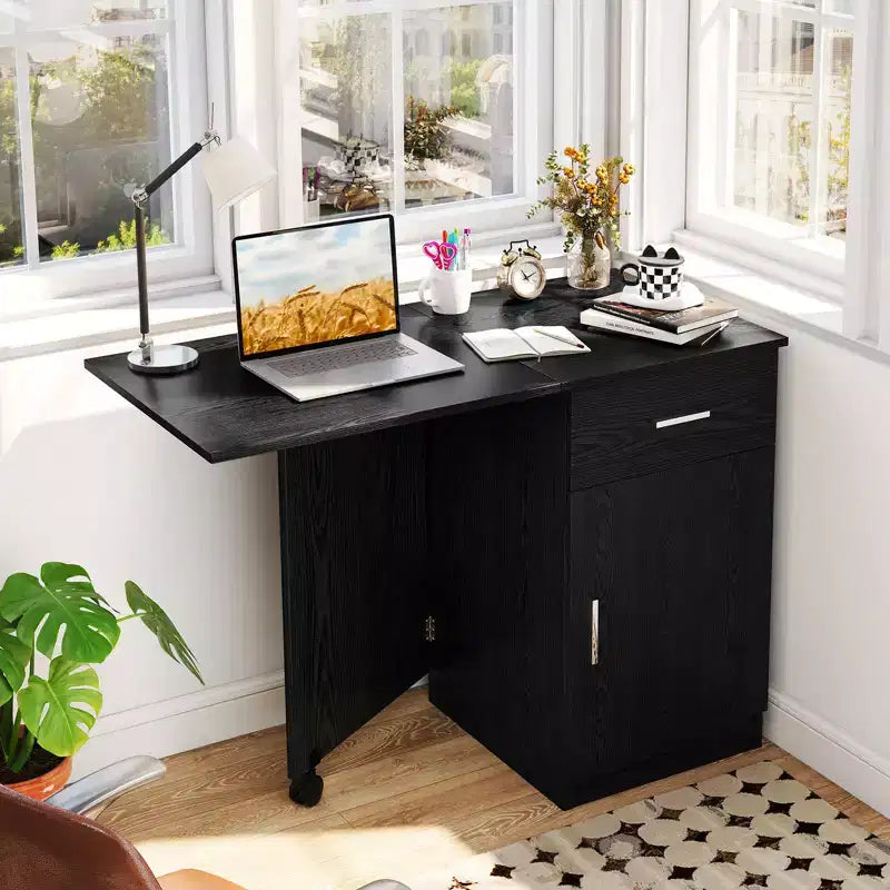 Bureau informatique pliant avec tiroir, placard et étagère réglable à roulettes pour salon, Noir/Blanc