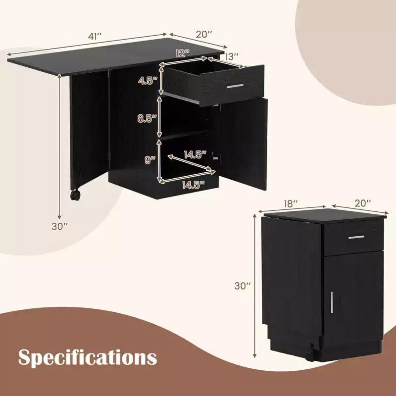 Bureau informatique pliant avec tiroir, placard et étagère réglable à roulettes pour salon, Noir/Blanc