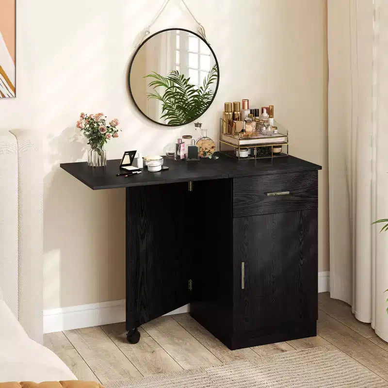Bureau informatique pliant avec tiroir, placard et étagère réglable à roulettes pour salon, Noir/Blanc