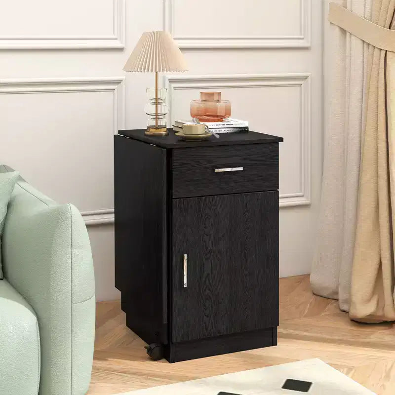Bureau informatique pliant avec tiroir, placard et étagère réglable à roulettes pour salon, Noir/Blanc