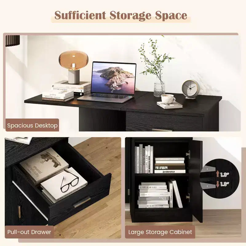 Bureau informatique pliant avec tiroir, placard et étagère réglable à roulettes pour salon, Noir/Blanc
