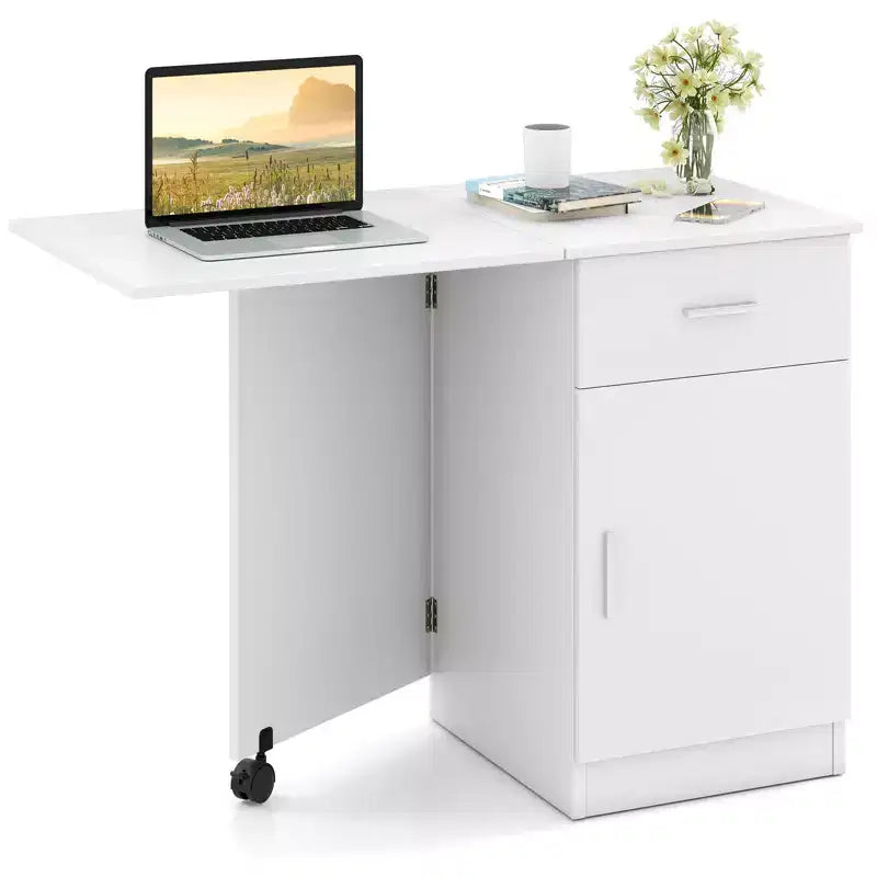 Bureau informatique pliant avec tiroir, placard et étagère réglable à roulettes pour salon, Noir/Blanc