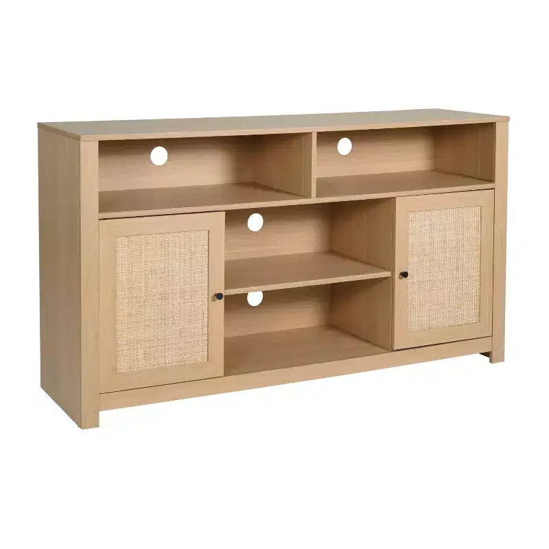 Buffet à quatre portes de style Mid-Century Modern, meuble TV avec étagères, convient aux téléviseurs jusqu'à 65 pouces