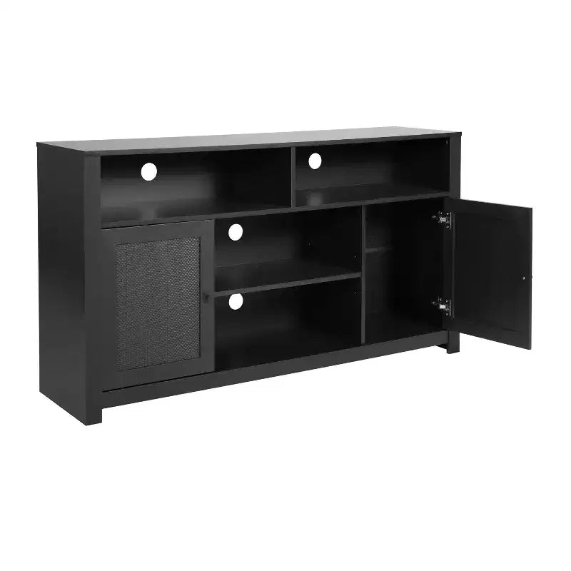 Buffet à quatre portes de style Mid-Century Modern, meuble TV avec étagères, convient aux téléviseurs jusqu'à 65 pouces