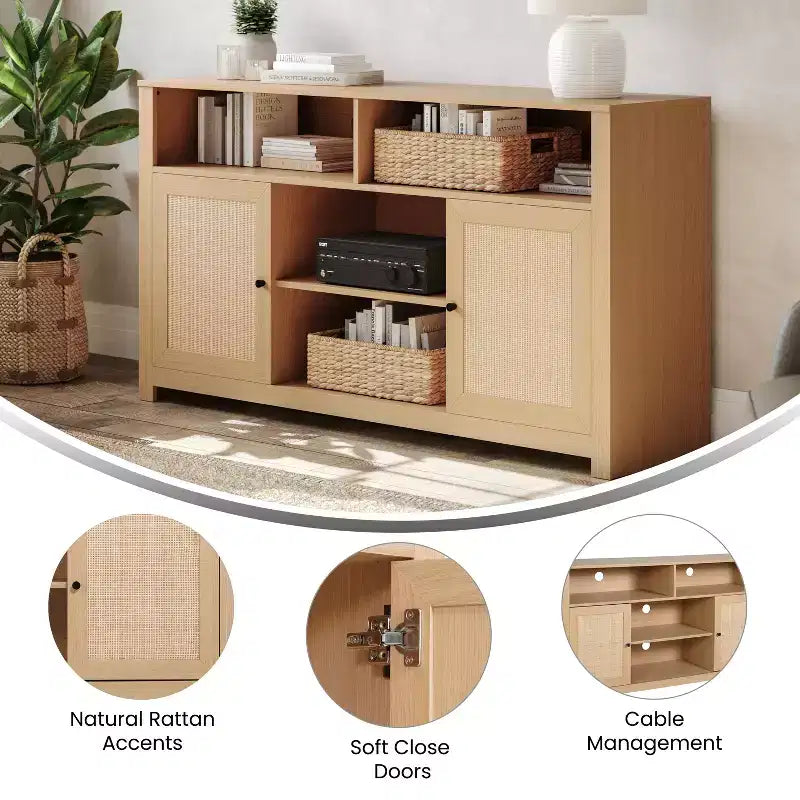 Buffet à quatre portes de style Mid-Century Modern, meuble TV avec étagères, convient aux téléviseurs jusqu'à 65 pouces