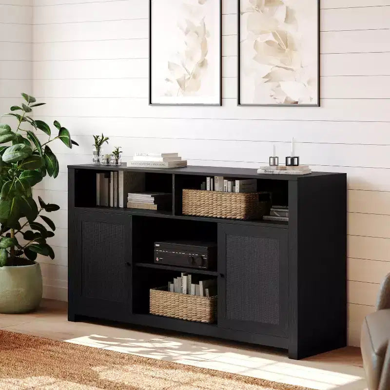 Buffet à quatre portes de style Mid-Century Modern, meuble TV avec étagères, convient aux téléviseurs jusqu'à 65 pouces