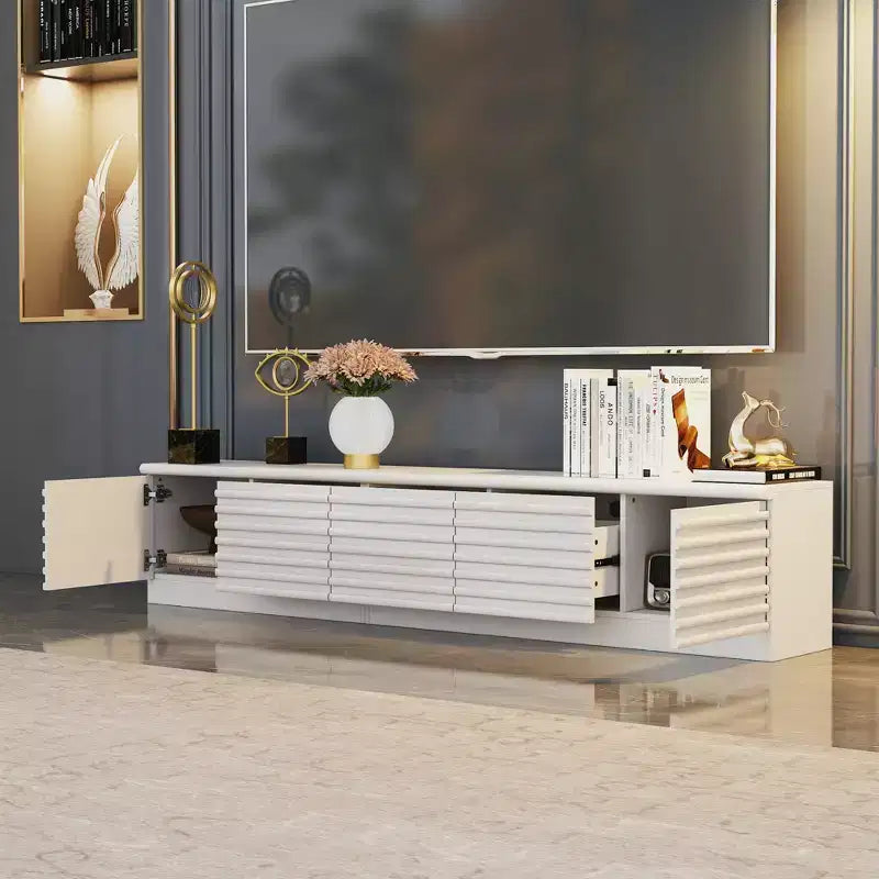 Meuble TV design minimaliste blanc, console multimédia : Lignes épurées, multi-compartiments et construction robuste.