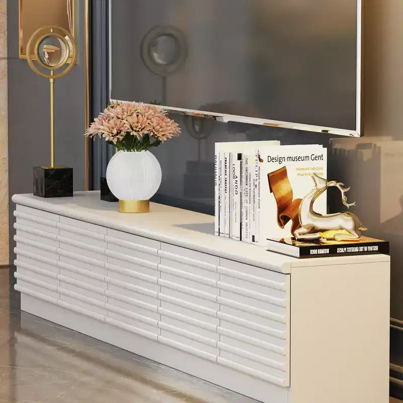Meuble TV design minimaliste blanc, console multimédia : Lignes épurées, multi-compartiments et construction robuste.