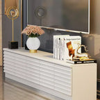 Meuble TV design minimaliste blanc, console multimédia : Lignes épurées, multi-compartiments et construction robuste.
