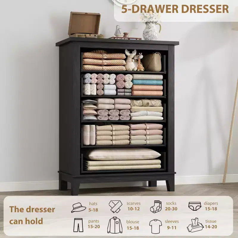 Commode de rangement à 5 tiroirs pour chambre à coucher, commode haute de 105 cm avec rangements indépendants, commode de rangement en bois pour salon, chambre à coucher