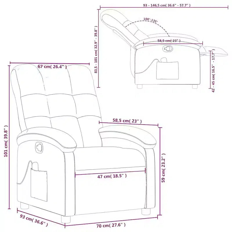 Fauteuil inclinable massant en tissu bordeaux - Inclinaison manuelle, Vibration, Confort rembourré, Poche latérale, Cadre durable