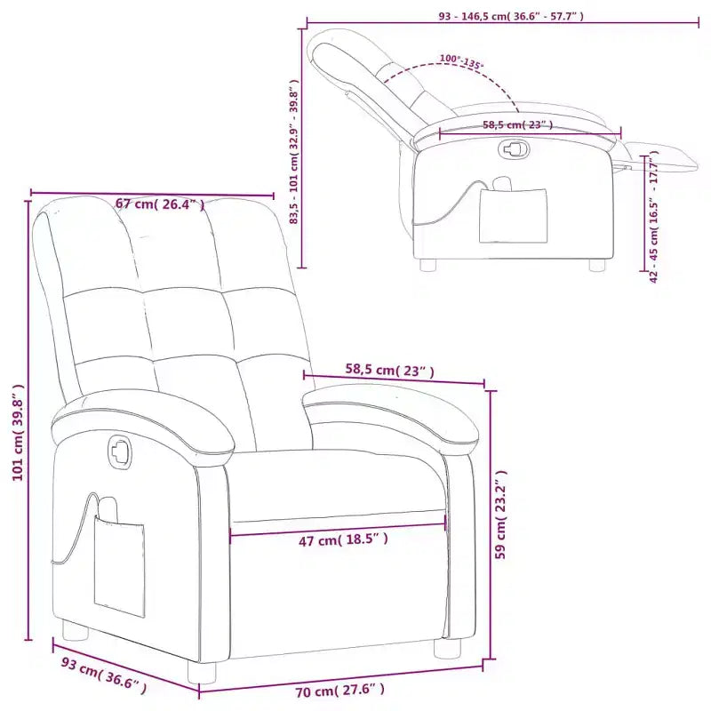 Fauteuil inclinable massant en tissu bordeaux - Inclinaison manuelle, Vibration, Confort rembourré, Poche latérale, Cadre durable