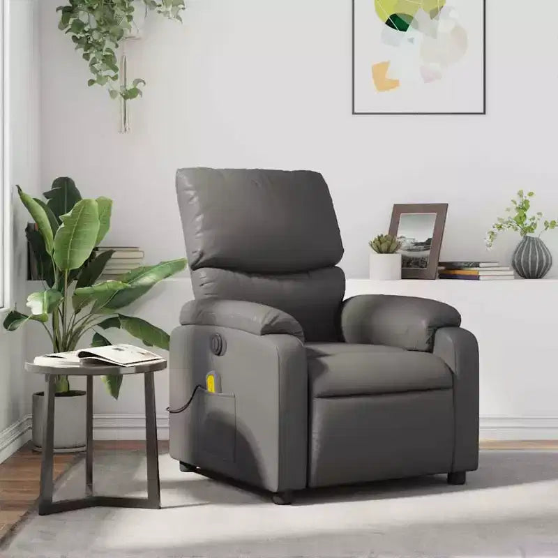 Fauteuil inclinable de massage en cuir pour salon, cinéma maison, massage vibrant à 6 points, dossier et repose-pieds réglables, poche latérale, gris