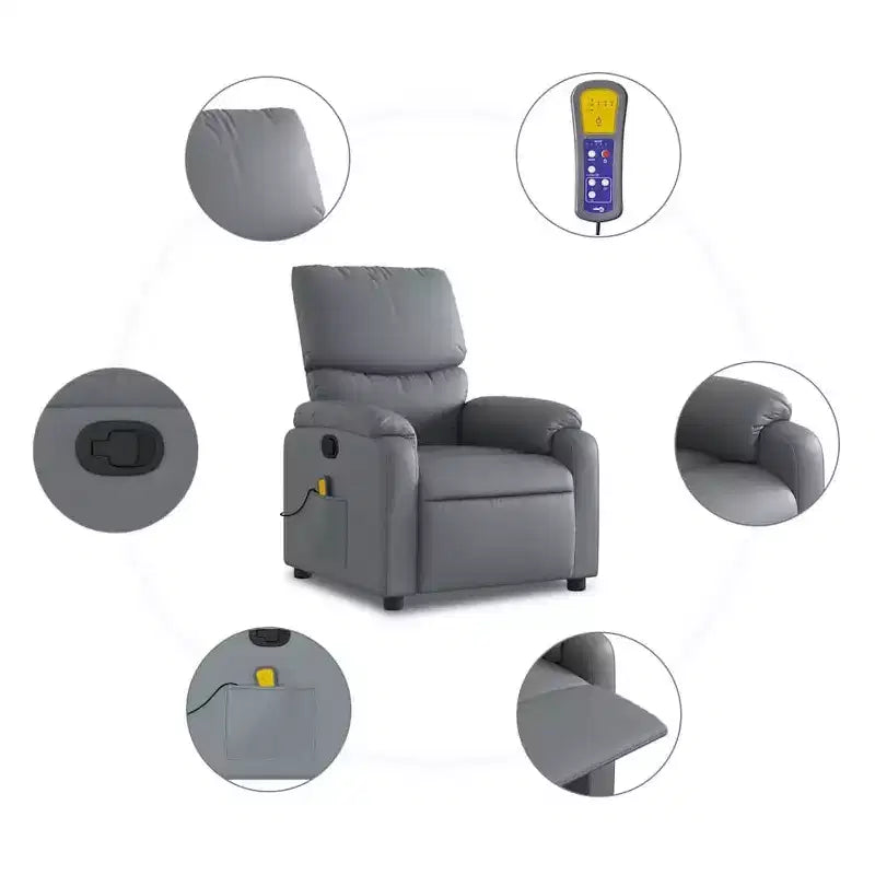 Fauteuil inclinable de massage en cuir pour salon, cinéma maison, massage vibrant à 6 points, dossier et repose-pieds réglables, poche latérale, gris