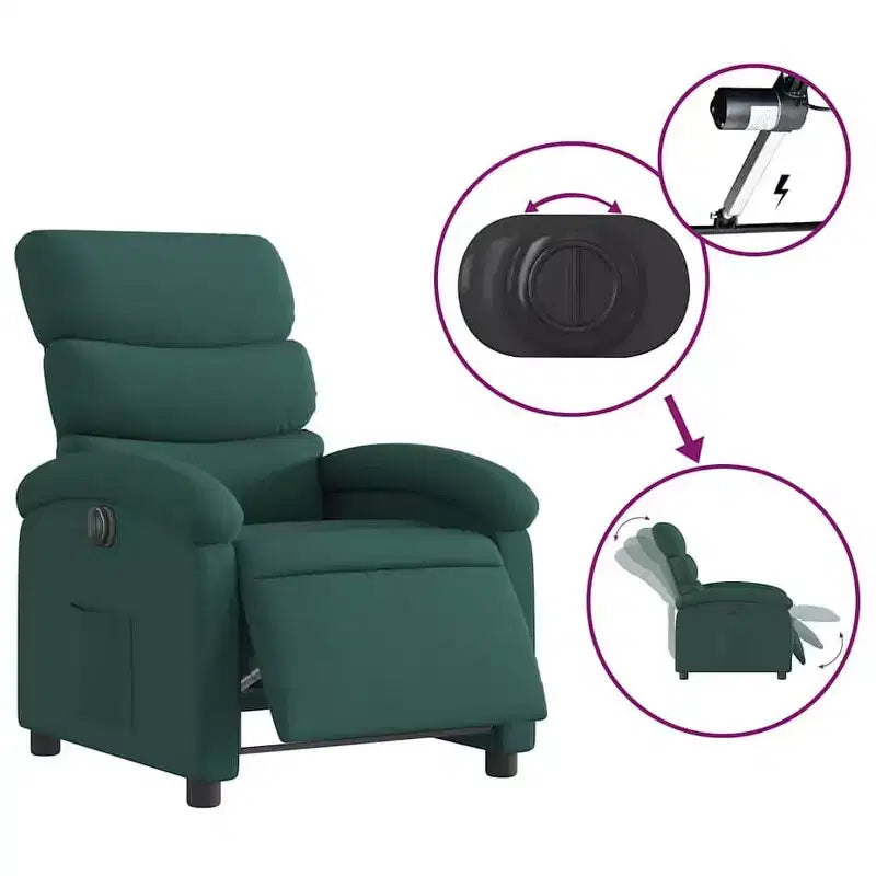 Fauteuil inclinable électrique pour personnes âgées - Fauteuil en tissu réglable, vert foncé, avec inclinaison motorisée, rembourrage confort, poche latérale