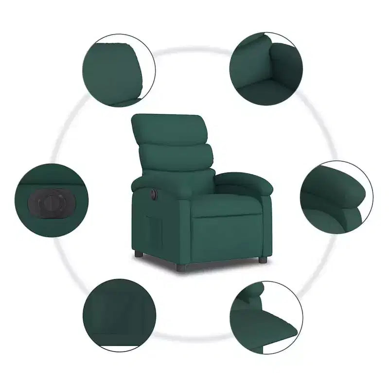 Fauteuil inclinable électrique pour personnes âgées - Fauteuil en tissu réglable, vert foncé, avec inclinaison motorisée, rembourrage confort, poche latérale