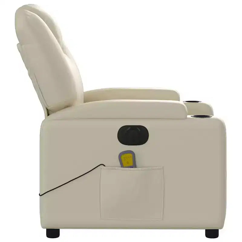 Fauteuil relax massant électrique - Fauteuil inclinable réglable en similicuir crème avec porte-gobelets pour salon/bureau