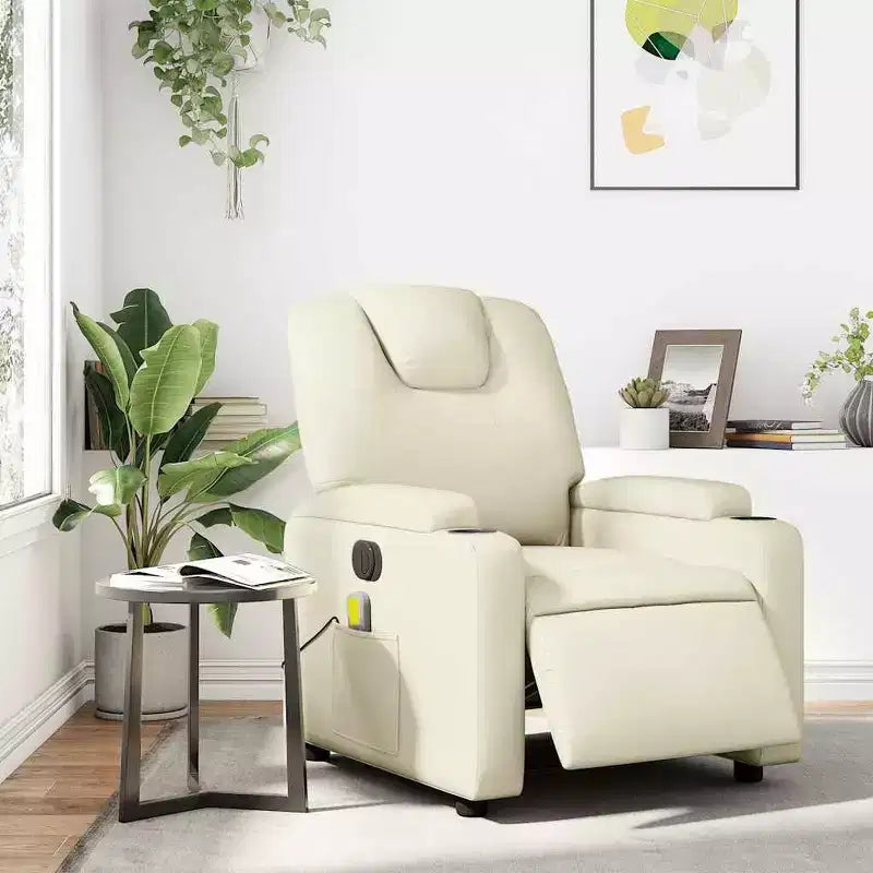 Fauteuil relax massant électrique - Fauteuil inclinable réglable en similicuir crème avec porte-gobelets pour salon/bureau